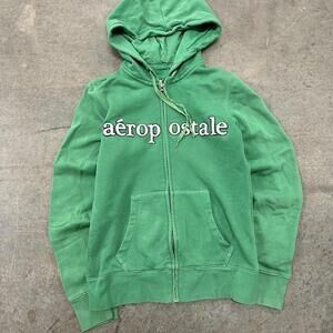Vintage Y2K Aeropostale Full Zip Spellout Green Hoodie Size Medium